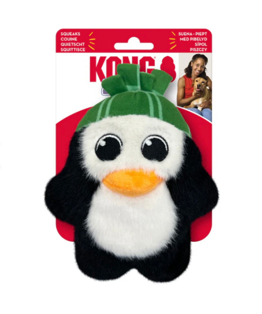 Kong snuzzles penguin with squeak